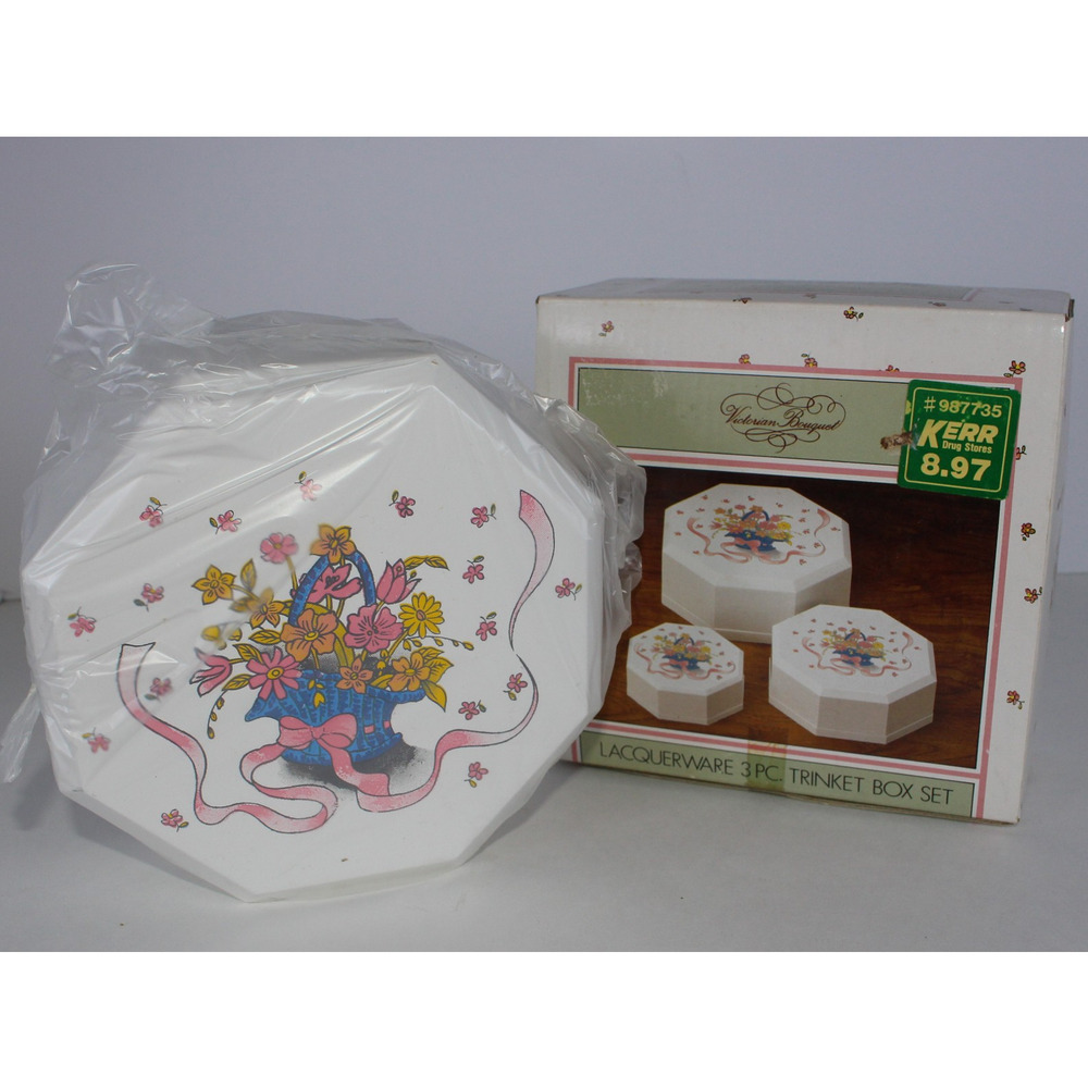 Vintage Victorian Bouquet Lacquerware 3 Piece Nesting Trinket Box Set 1980s NIB